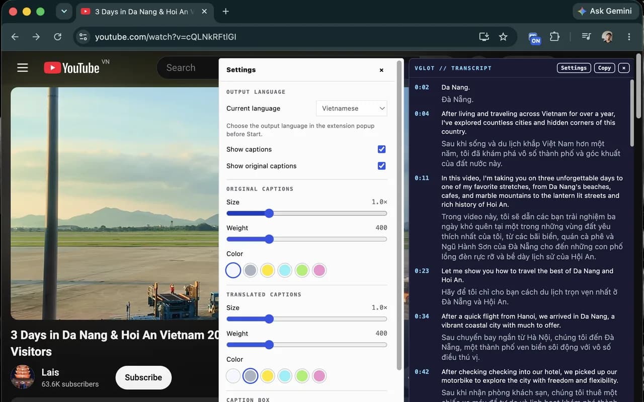 VGLOT caption settings for language, original and translated text appearance