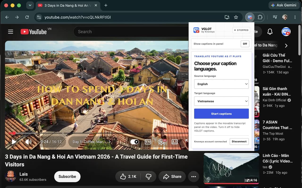 VGLOT popup with English source, Vietnamese target, and Start captions button