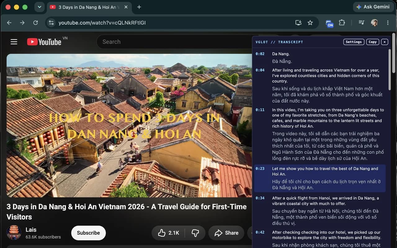 VGLOT showing original English speech and Vietnamese translation in a movable transcript panel beside a YouTube video