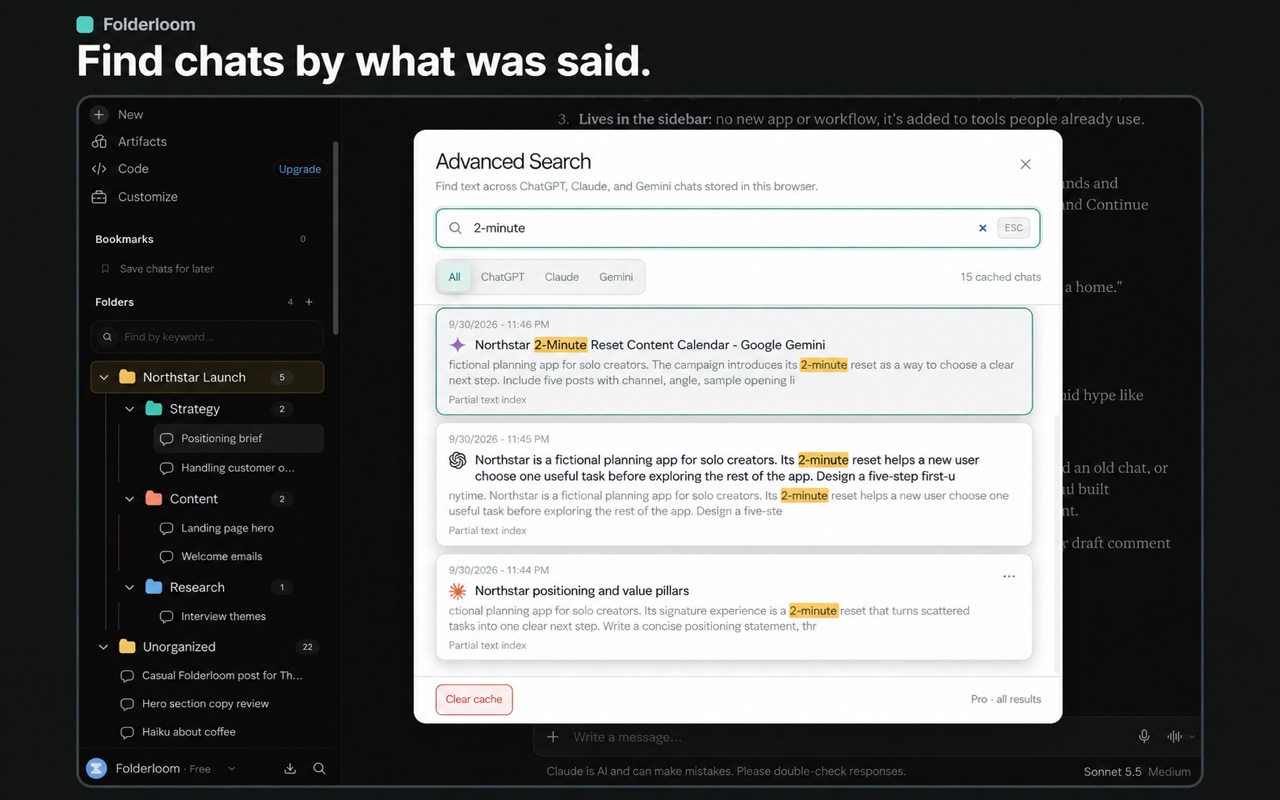 Folderloom Advanced Search showing highlighted keyword matches from Gemini, ChatGPT and Claude