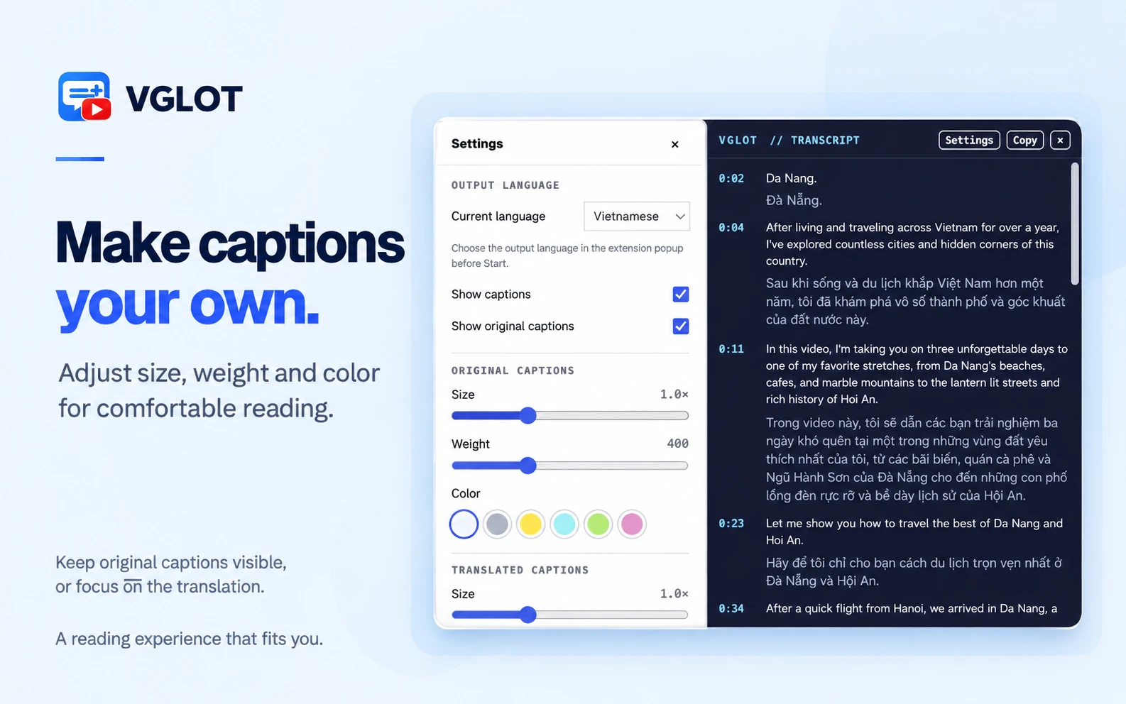 VGLOT caption settings for text size, weight and color beside a bilingual transcript.